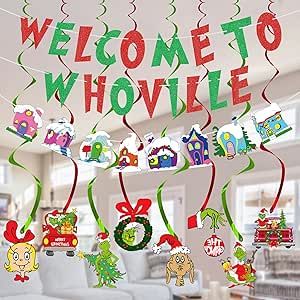 Welcome To Whoville Banner with Christmas Hanging Swirls Party Decorations, Red and Green Glitter Letter Banner Xmas Hanging Swirls Decorations Welcome Party Supplies Decorations Welcome To Whoville, Whoville Christmas Decorations, Christmas Bead Garland, Xmas Fireplace, Winter Party Themes, Whoville Christmas, Winter Garland, Letter Banner, Grinch Christmas Decorations