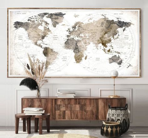 Places You've Been World Map Poster, Large Push Pin Travel Map, Room, Home Wall Decor, World Map Wall Art, Globe Art, Gifts for the Home F85 - Etsy Map Wall Decor Living Room, Map On Wall Ideas, Worldly Home Decor, World Map Pictures Wall, World Map Wall Decor Living Room, Travel Aesthetic Home Decor, Large Wall Art Hallway, Travel Inspired Office, Framed Maps On Wall