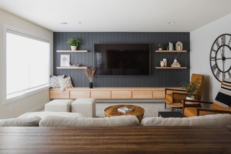 Dividing Wall Living Room, Living Room Inspiration Shelves, Floating Shelf Entertainment Wall, Floating Drawers Living Room, Bead Board Tv Wall, Cozy Basement Family Room Wall, Vertical Shiplap Tv Accent Wall, Family Room Accent Wall Ideas Shiplap, Masculine Living Room With Fireplace