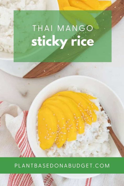 This Thai Mango Sticky Rice recipe is a great, one-pot dessert. I love the sweet flavor of fresh mango with creamy coconut rice. | Plant-Based on a Budget #vegan #mango #rice #thai #dessert Sticky Mango Rice, Mango Coconut Sticky Rice, Mango Rice Recipe, Thai Mango Sticky Rice, Mango Sticky Rice Recipe, Sticky Rice Recipe, Coconut Sticky Rice, Mango Rice, Budget Vegan