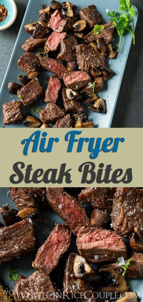 Air Fryer Steak Bites, Air Fry Steak, Recipe With Mushrooms, Small Air Fryer, Steak Bites Recipe, Large Air Fryer, Air Fryer Steak, Best Air Fryer, London Broil