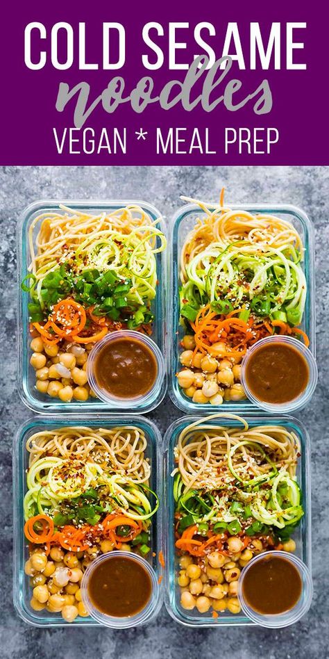 These cold sesame noodle meal prep bowls are the perfect vegan prep ahead lunch: spiralized vegetables tossed with chickpeas and whole wheat spaghetti in a spicy almond butter sauce.  vegan meal prep, healthy meal prep, #sweetpeasandsaffron  #mealprep #vegan Noodle Meal Prep, Almond Butter Sauce, Sesame Noodle, Cold Sesame Noodles, Konjac Noodles, Whole Wheat Spaghetti, Spiralized Zucchini, Sesame Noodles, Vegetarian Meal Prep