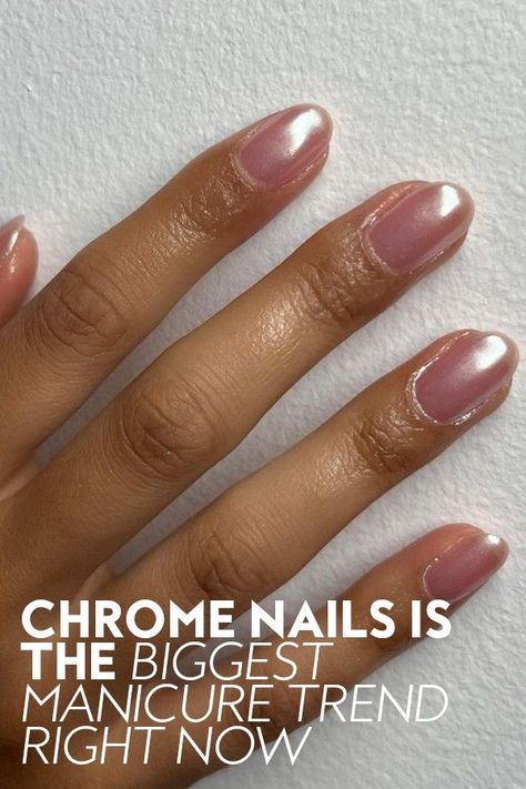 Get inspiration for your own high-shine manicures here. #nails#manicure#nailart High Shine Nails, Neutral Nails With Chrome Powder, Chrome Top Coat Nails, Chrome Nails Regular Polish, Rust Chrome Nails, Sistaco Nail Ideas, Chrome Natural Nails, Coloured Chrome Nails, Metallic Gel Nails