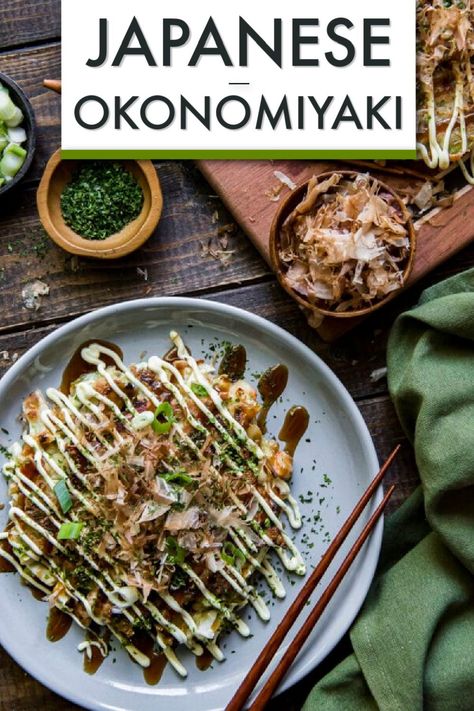 This Easy Okonomiyaki recipe will give you a taste of Japan. It’s a Japanese savory pancake that combines cabbage, ginger, green onions, and shrimp into the batter and then adds bacon and tasty Japanese toppings for an incredible mix of flavors. #japanese #japan #pancake #dinner #healthy #asian Okonomiyaki Rezept, Okonomiyaki Recipe, Vegetable Pancakes, Savory Pancakes, Kale And Spinach, Marinated Beef, Shredded Pork, Breakfast Foods, Inspired Recipes