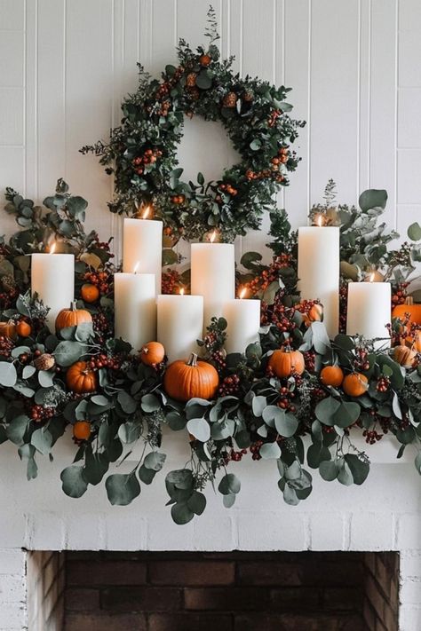 Decorate your Thanksgiving mantel with layers of candles and seasonal garlands for a festive focal point. #ThanksgivingMantel #LayeredDecor #HolidayStyle Mantel With Candles, Autumn Mantle, Thanksgiving Mantel Decor, Mantel Decorating Ideas, Fireplace Mantle Decor, Festive Centerpieces, Holiday Mantel, Candle Glow, Thanksgiving Decor