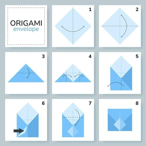 Envelope origami scheme tutorial moving model. Origami for kids. Step by step how to make a cute origami envelope. Vector illustration. Diy Art For Kids, Origami 2d, Origami Instructions Easy, Bear Origami, Origami Balloon, Envelope Origami, Tulip Origami, Easy Origami Animals, Origami For Kids