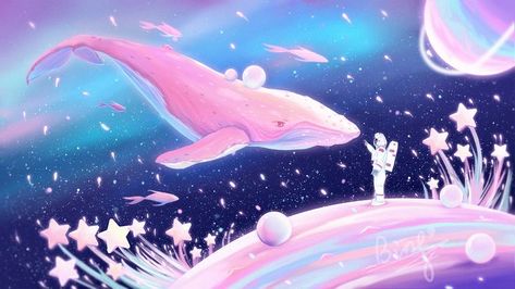 Whale Digital Art, Digital Art Space, Ocean Planet, Space Ocean, Space Banner, Cute Wallpapers For Ipad, Pink Whale, Digital Painting Techniques, Desktop Wallpaper Art