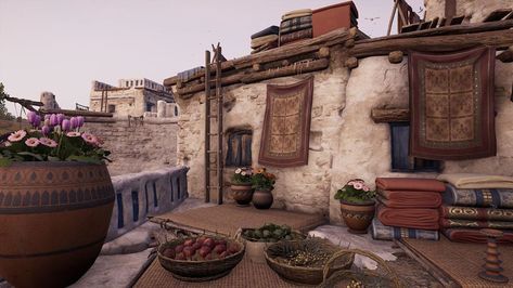 Paige on Instagram: “Rooftop balcony in an Ancient Greek fishing village. . . . #assassinscreed #ancientgreece #patiodecor #rusticstyle #game #greece” Ancient Greece House, Ancient Greek Village, Ancient Greek House, Desert Kingdom, Ancient Explorer, Ancient Greece Aesthetic, Character Moodboard, Rooftop Balcony, Greek Stories