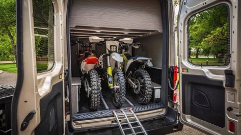 TransMoto Van Conversion by Wilderness Vans with Dirt Bike Storage Dirt Bike Storage, Van Conversion Bike, Bike Storage In Van, Enclosed Garage, Moto Van, Van Motorcycle, Motorcycle Storage, Van Dwelling, Van Storage