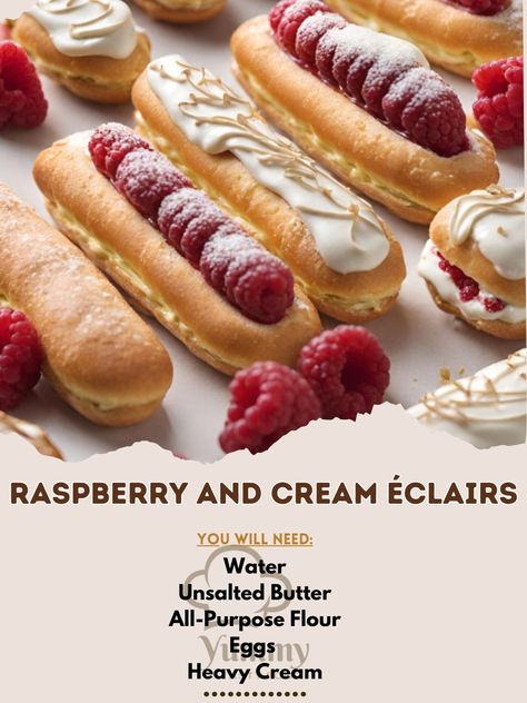 Delight in Raspberry and Cream Éclairs! 🍰💖 Light, airy, with a burst of raspberry. #ÉclairEnchantment #RaspberryCreamDream Raspberry and Cream Éclairs Recipe 🌹🍓 Ingredients: For the Choux Pastry: Water (250ml): 250g Unsalted Butter (100g): 100g All-Purpose Flour (150g): 150g Eggs (4 large): Approximately 200g For the Raspberry Cream Filling: Heavy Cream (300ml): 300g Icing Sugar (50g): 50g Raspberry Puree (strained, 100ml): 100g For the Glaze: Icing Sugar (200g): 200g Raspberry Puree (str... Raspberry Cream Filling, Raspberry Eclairs, Raspberry Puree, Glaze Icing, Texture Contrast, Raspberry Cream, Raspberry Filling, Choux Pastry, Elegant Desserts