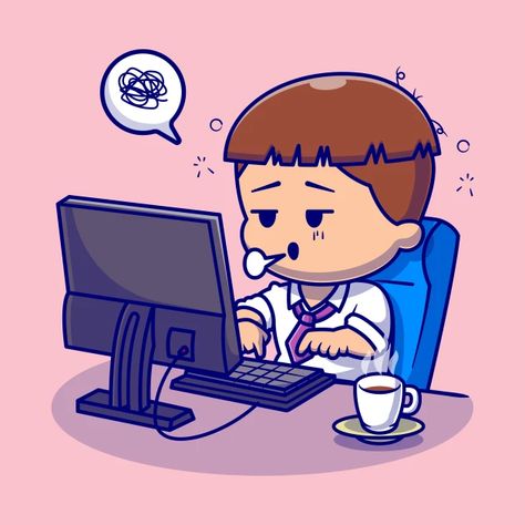 Tired Chibi, Multitasking Illustration, Kids Reference, Tired Cartoon, Computer Cartoon, Working On Computer, Work Cartoons, Cute People, Computer Drawing