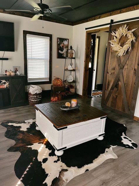 Cow Hide Living Room Decor, Western Home Remodel Ideas, Black Western Home Decor, Western Interior Design Living Room, Western Trailer House Ideas, Dark Western Living Room, Western House Design, Cowhide Rug Living Room Farmhouse, Western Gothic Interior Design