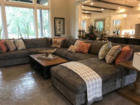 Rustic Sectional Living Room, Oversized Sectional Sofa Living Rooms, Rustic Sectional Sofa, Large Sectional Sofa Basement, Large Sectional Living Room Layout, Large Sectional Living Room, Pit Sectional Sofa Comfy Couches, Large Brown Sectional Living Room, Western Sectional Couch