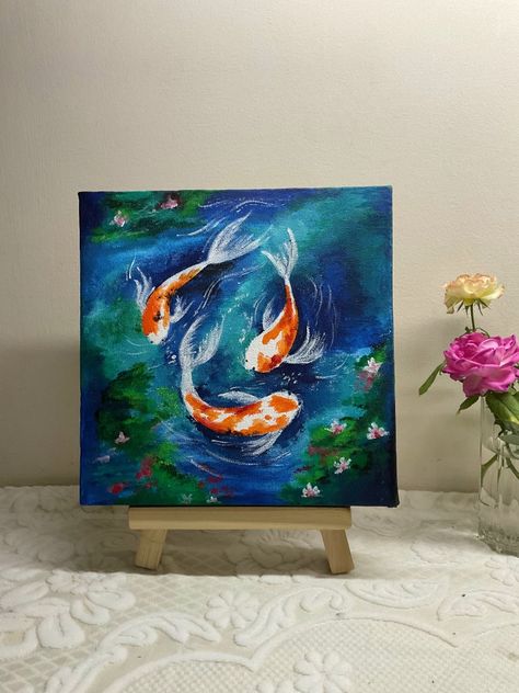 Japanese Koi Fish Acrylic Painting, Canvas Painting Koi Fish, Koi Fish In Pond Painting, Koi Fishes Painting, Koi Pond Painting Acrylics, Coy Pond Painting, Painting Ideas On Canvas Koi Fish, Acrylic Koi Fish Painting, How To Paint Koi Fish