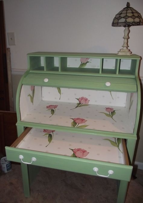 painted roll top desk - Behr Herb Green, and  lined with wallpaper Repurposed Roll Top Desk, Small Roll Top Desk Makeover, Painted Roll Top Desk, Refinished Roll Top Desk, Pink Roll Top Desk, French Painted Furniture, Desk Redo, Roll Top Desk, French Furniture