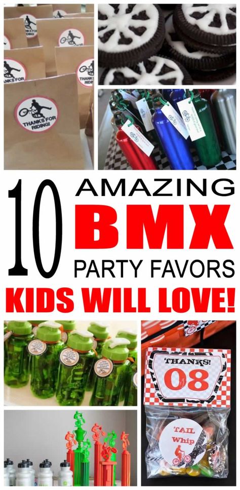 Find the best BMX birthday party favors for kids. There are so many cool bmx party favors from goodie bags to candy, these bmx party favors are sure to be a hit with all the children. Easy, fun ideas for treats that any boy or girl would love to take home. Bmx Birthday Party, Bicycle Birthday Parties, Birthday Party Favors For Kids, Bicycle Party, 3rd Birthday Party For Boy, Bike Birthday Parties, Dirt Bike Party, Best Bmx, Party Favor Ideas