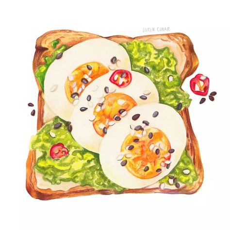 FOOD ILLUSTRATIONS | Lorin Cinar Mixed media food illustration was done with watercolors and colored pencils. #foodillustration #healthy #healthysnack #toast #illustration #watercolor #fooddrawing #coloredpencils #fresh #baked #avocado #avocadotoast Toast Drawing Illustrations, Healthy Food Painting, Toast Illustration Drawing, Avocado Toast Illustration, Food Illustration Art Watercolour, Healthy Food Illustration Art, Healthy Food Drawing, Healthy Food Illustration, Lunch Illustration