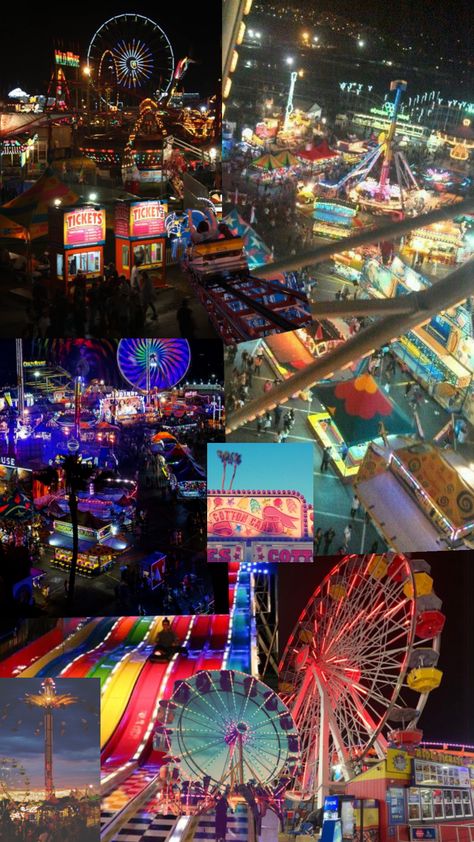 Fair aesthetic. Fair vibes. #fair #fairaesthetic #amusementpark #rides #aesthetic #collage Fair Wallpaper Aesthetic, Oc Fair Aesthetic, Amusment Parks Aesthetic, Theme Park Background, Summer Fair Aesthetic, Place To Go With Friends, State Fair Aesthetic, Rides Aesthetic, Fair Pics