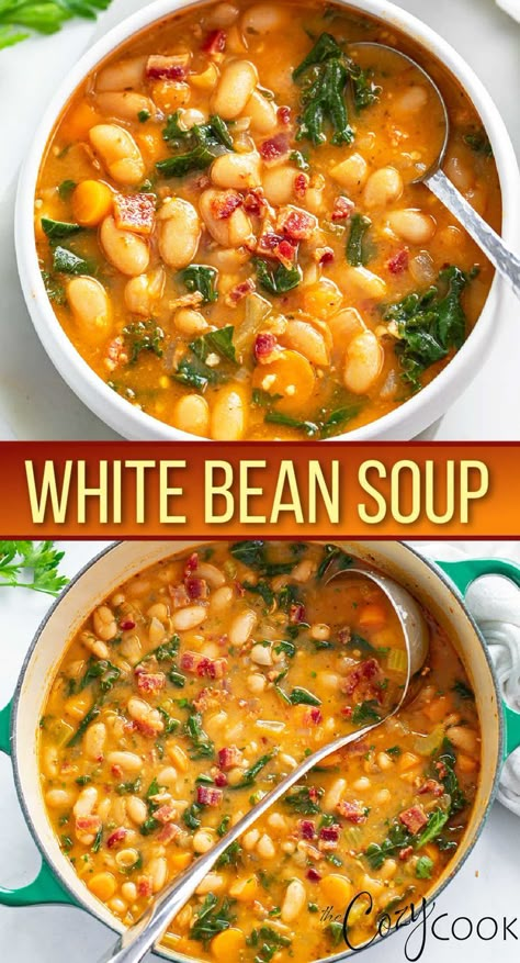 white bean soup with white beans, kale, bacon and broth Bean Soup Crockpot, Bacon Soup Recipes, Pinto Bean Soup, Bean And Bacon Soup, White Bean Soup Recipes, Bacon Soup, Ham Soup, Ham And Bean Soup, Bean Soup Recipes