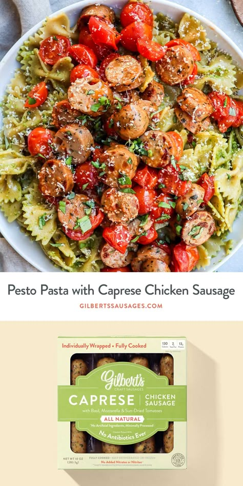 Basil Sausage Recipes, Basil Chicken Sausage Recipes, Tomato Basil Chicken Sausage Pasta, Pesto Pasta With Chicken Sausage, Tomato Basil Chicken Sausage, Caprese Sausage Recipes, Tomato Basil Chicken Sausage Recipes, Caprese Chicken Sausage Recipes, Pesto Pasta With Sausage