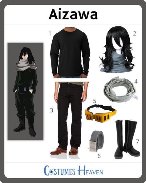 An Aizawa costume is going to be a big hit among the "New Big 3" fans who indulge in My Hero Academia. Follow our costume guide to dress like Aizawa easily. #aizawacosplay#aizawa#costumesheaven#costumeguide #cosplayguide #costume #cosplay Aizawa Cosplay Makeup, Aizawa Inspired Outfit, Aizawa Outfit Idea, Aizawa Goggles, Mha Costume Ideas, Costume Ideas Cosplay, My Hero Academia Aizawa, Aizawa Cosplay, Easy Anime Cosplay