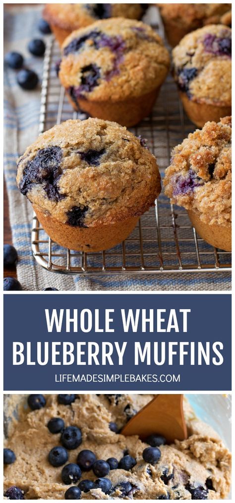 These tender, fluffy blueberry muffins are made with whole wheat flour! They're bursting with sweet juicy berries and topped with cinnamon streusel. #blueberrymuffins #wholewheatmuffins #wholewheat #healthymuffins #blueberries Blueberry Orange Muffins, Wheat Blueberry Muffins, Blueberry Muffin Recipe Healthy, Whole Wheat Blueberry Muffins, Almond Flour Blueberry Muffins, Gf Muffins, Muffins Blueberry, Healthy Blueberry Muffins, Banana Blueberry Muffins