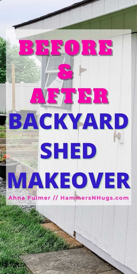 Paint, hardware, and trim updates - check out our backyard garden shed makeover, and see what it looks like now! Tap on this pin to check out our makeover and more with Ahna Fulmer // HammersNHugs.com. #diy #homeimprovement #outdoorshed Front Of Shed Landscaping, Decorate Shed Exterior, Painting Shed Ideas, Plastic Shed Makeover, Metal Shed Makeover Exterior, Outdoor Shed Makeover, Old Shed Makeover Ideas, Shed Skirting Ideas, Shed Painting Ideas