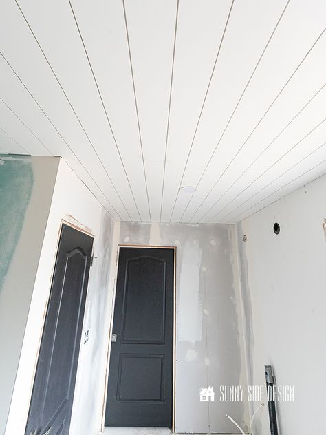 Shiplap Bathroom Ceiling, Bathroom With Shiplap, Easy Shiplap, Cheap Ceiling Ideas, Plywood Ceiling, Shiplap Paneling, Painting Shiplap, Recessed Shelves, Installing Shiplap