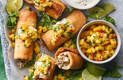 Jerk-spiced Chicken Taquitos With Mango Salsa Recipe | Waitrose & Partners Mango Salsa Recipe, Mango Salsa Recipes, Spiced Chicken, Chicken Taquitos, Air Fryer Recipe, Midweek Meals, Chicken Spices, Easy Air Fryer, Mango Salsa