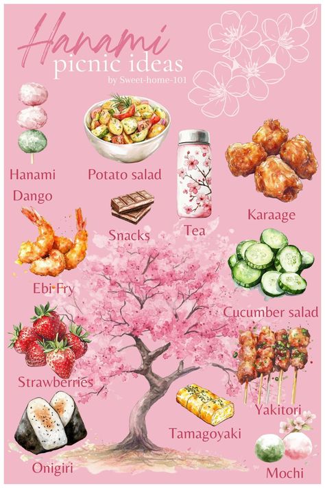 Here are some ideas for your next spring/hanami picnic. Hanami Picnic, Fried Cucumbers, Cherry Blossoms Illustration, Tea Snacks, Picnic Ideas, Picnic Foods, Picnic Party, Cucumber Salad, Japanese Garden