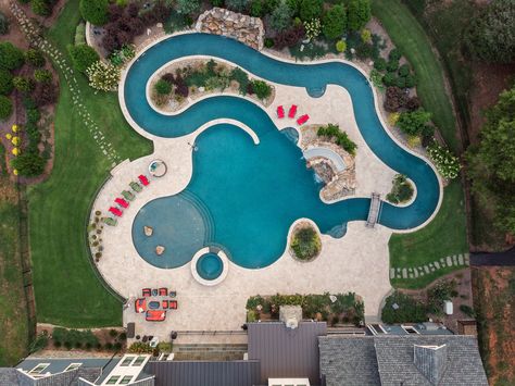 Lazy River Swimming Pools – Executive Swimming Pools, Inc. Landscape Ideas Around Pool, Easy Pool Deck, Modern Pool Designs, Pool Party Food Ideas, Pool Design Plans, Backyard Lazy River, Home Swimming Pool, River Swimming, River Pool