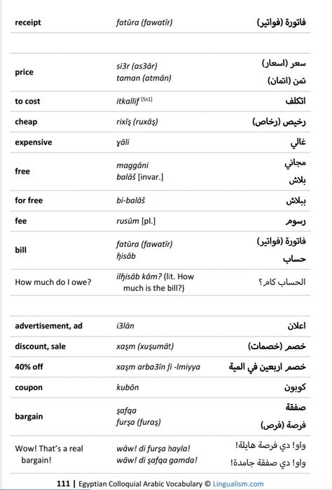 Egyptian Colloquial Vocabulary - More shopping words Egyptian Words, Egyptian Arabic, Spoken Arabic, Arabic Phrases, Learn Another Language, Learn Arabic Alphabet, Arabic Lessons, Learn Arabic Language, Learn Arabic