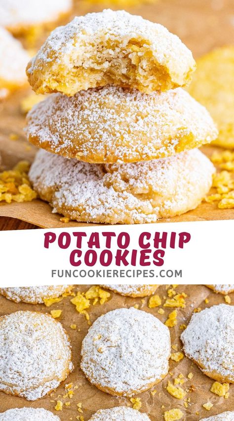 Potato Chip Cookies: A family holiday favorite that's easy to bake and perfect for sharing. A unique, tasty treat for everyone! Potatoes Chip Cookies, Potato Chip Christmas Cookies, Potato Chip Clusters Recipe, Cookies With Potato Chips In Them, Chocolate Chip Cookie With Potato Chips, Fun Cookie Recipes, Best Potato Chips, Potato Chip Cookies, Easy To Bake