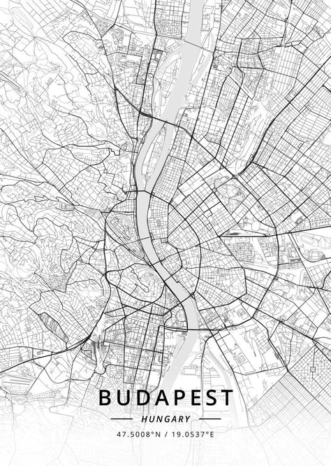 Budapest Map, Maps Design, Map Sketch, Budapest City, City Maps Design, Street Map Art, Black And White City, Print Map, Poster City