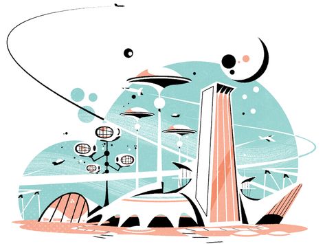 A googie cityscape googie skyline retro futurism cityscape illustrator minimalist architecture city illustration vector Googie Architecture, Futurism Art, Illustration Kunst, Arte Peculiar, New Retro Wave, City Drawing, Retro Future, Architecture Painting, City Illustration