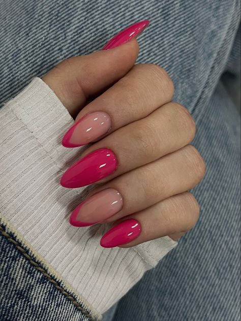 French pink V nails hot pink Almond Nails Orange And Pink, Pink V Nails, Hot Pink Tips Acrylic Nails, Magenta French Tip Nails, Nail Ideas Hot Pink, Fuchsia Nails, Greece Nails, V Nails, Nails Hot Pink