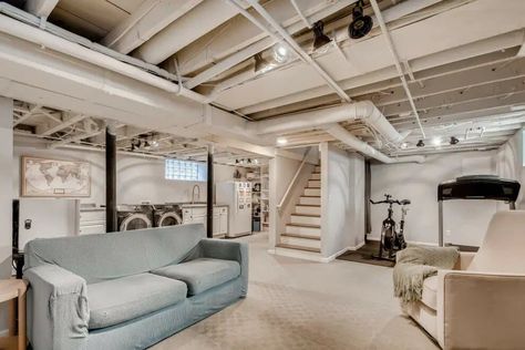 24 Exposed Basement Ceiling Ideas for a Trendy Look Exposed Basement Ceiling Ideas, Carpet Basement, Brighten Up A Basement, Finish Basement Ceiling, Stairs Basement, Unfinished Basement Ceiling, Exposed Basement Ceiling, Transitional Basement, Basement Stairwell