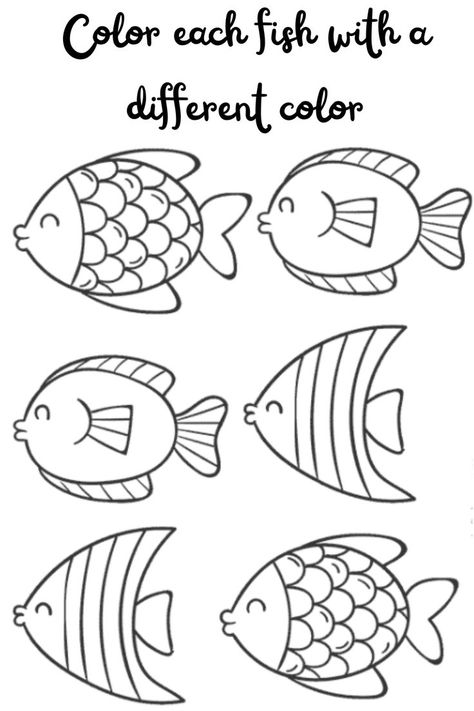 Printable worksheet "Color/Colour each fish with a different color" (English version) for age-regressors / Littles. Cute Coloring Pages For Kids, School Nurse Office Decorations, Fish Printables, Cute Halloween Coloring Pages, Insect Coloring Pages, Bee Printables, Space Coloring Pages, Disney Princess Coloring Pages, Printable Christmas Coloring Pages