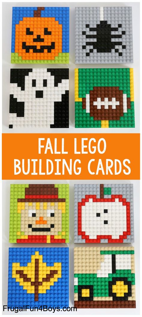 Fall LEGO Mosaic Ideas with Printable Building Cards - Frugal Fun For Boys and Girls Lego Building Cards, Lego Halloween, Lego Mosaic, Lego Challenge, Lego Wall, Lego Club, Lego Activities, Lego Store, Lego Craft