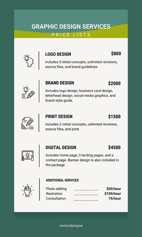 Simple Illustrative Graphic Design Price List Pricing Graphic Design, Freelance Graphic Design Price List, Pricelist Design Templates Free, Pricelist Design Templates, Graphic Design Price List, Price List Design, Price List Template, Letterhead Design, Brand Style Guide