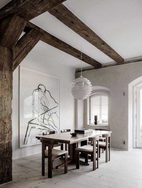 exhome June 01 2020 at 08:43AM Danielle Siggerud, Timber Beams, Rooms Ideas, Minimalist Interior Design, Arched Windows, Australian Homes, Minimalist Interior, Dining Room Lighting, Architectural Elements