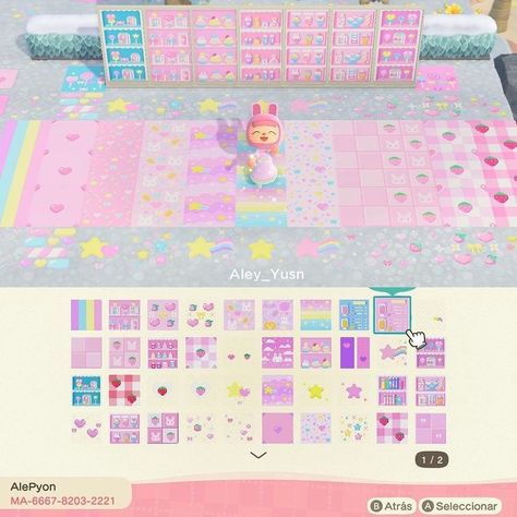 designcodes Acnh Cute Floor Designs, Sanrio Animal Crossing Design, Acnh Wallpaper Design Codes Pink, Animal Crossing Design Codes Sanrio, Acnh Island Entrance Ideas Kawaii, Pastel Animal Crossing Codes, Kawaii Acnh Design, Pastel Kidcore Animal Crossing, Acnh Kawaii Path