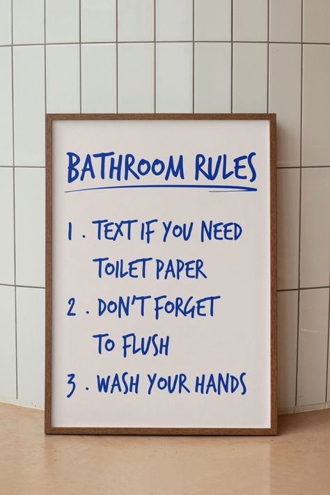 Bathroom Rules Print, Funny Blue Toilet Wall Decor, Digital Download, Typography Poster, Funny Bathroom Signs, College Apartment  Got a bathroom that needs some personality? Say no more—this "Bathroom Rules" print has got you covered! Whether you're in a college apartment or just want to add some pizzazz to your powder room, this funny typography poster is the perfect pick. And hey, it's downloadable, so you can slap it up ASAP and let the good times roll! Quirky Toilet Room Ideas, You Look Good Poster, Toilet Artwork Wall Decor, Toilet Wall Decor, Toilet Door Signs, Blue Toilet, Funny Toilet Signs, Toilet Poster, Funny Advertising