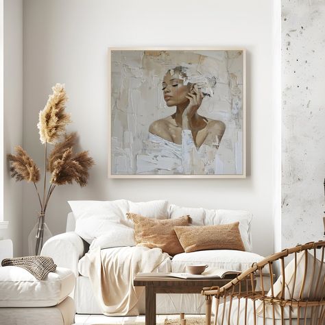 Modern Fashion Portrait Painting Wall Art Bohemian Interiors, Subtle Highlights, Macrame Wall Hangings, Layered Rugs, Beige Tones, Bohemian Interior, Fashion Wall Art, Fashion Painting, Neutral Beige