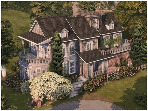 The Sims Resource - MM Old Lake Hill House The Sims 4 Manor House, Sims Dream House, Sims 4 House Color Scheme, Old Money Sims House, Vintage Sims 4 House, Willow Creek Sims 4 House Ideas, Sims 4 Fixer Upper House, Old Money House The Sims 4, Sims Mods House