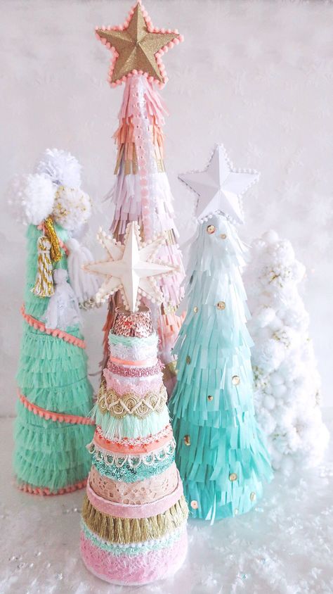 Diy Foam Tree Christmas Decor, Diy Pastel Christmas Decor, Pastel Candy Christmas Decor Diy, Kitschmas Diy, Pastel Christmas Diy, Pastel Holiday Decor, Pastel Gingerbread Christmas Decor Diy, Diy Cone Tree, Diy Pastel Christmas Decorations