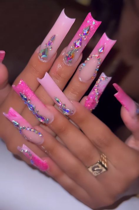 Pink Nail Ideas Birthday, Extendo Nails Pink, Boujee Pink Nails, Pink Dramatic Nails, Long Pink Acrylic Nails With Diamonds, Pink Long Nail Designs, Sparkly Long Nails, Y2k Junk Nails, Extra Pink Nails