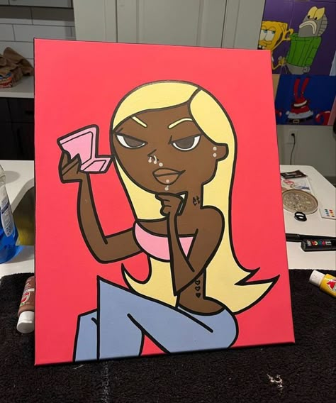 Black Cartoon Characters Canvas Painting, Trap And Paint Canvas Ideas, Bratz Doll Canvas Painting, Cartoon High Paintings, Hood Painting Ideas, Penny Proud Painting, Proud Family Paintings, Black Cartoon Paintings, Baddie Canvas Painting Ideas