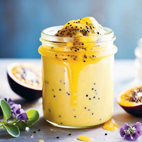 Indulge in this heavenly Passion Fruit Curd that's the perfect balance of tart and sweet. Ideal as a topping, filling, or simply eaten by the spoonful. Fruit Pavlova, Passionfruit Curd, Fruit Curd, Easy Lemon Curd, Passion Fruit Curd, Autumn Kitchen, Dutch Baby Pancake, Winter Cooking, Curd Recipe