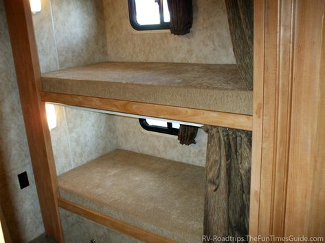 Lightweight RV With Bunkhouse + A Stackable Washer/Dryer = Full Time RV Dreams Come True - The Fun Times Guide to RVing Rv Bunks Remodel, Rv Bunkhouse Remodel, Camper Bunk Beds, Rv Bunk Beds, Bunkhouse Travel Trailer, Camper Beds, Alternative Housing, Rv Dreams, Small Travel Trailers